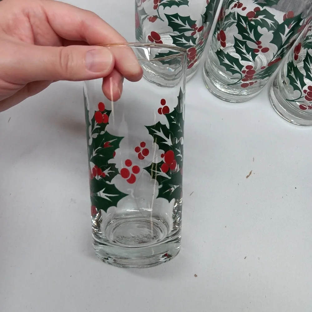 Vintage Holly Berry Glasses Bartlett Collins  Christmas Set of 6 80s 90s Holiday